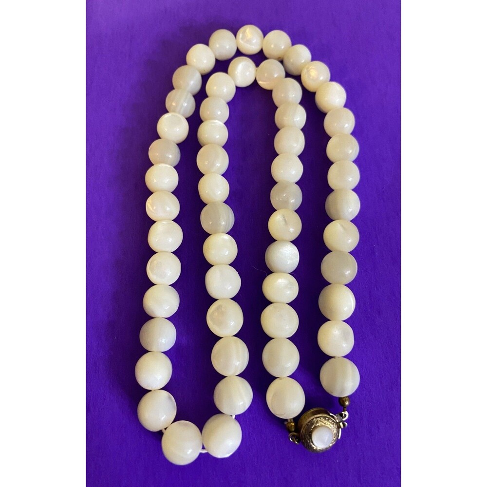 ANTIQUE VICTORIAN HAND MADE MOTHER OF PEARL BEADS NECKLACE 91 GRAMS 800 Silver
